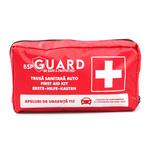 Trusa sanitara auto, BSP GUARD, DIN 13164, Rosu, 22.5x12.5x5.5 cm