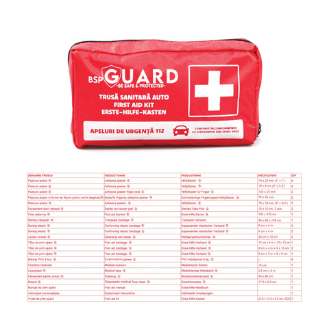 Trusa sanitara auto, BSP GUARD, DIN 13164, Rosu, 22.5x12.5x5.5 cm